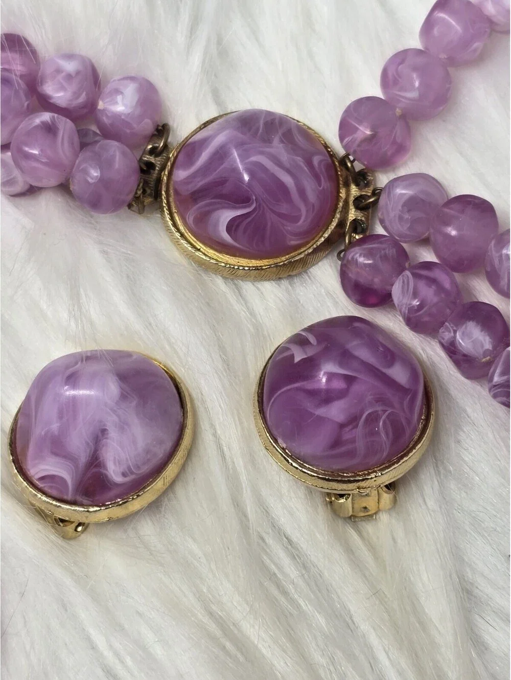 Vtg Kramer Signed Purple Marbled Lucite Bead Necklace Set